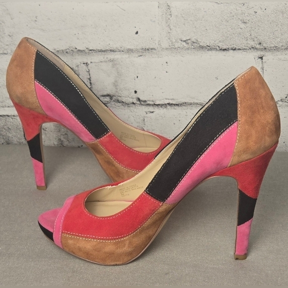 INC Suede Patchwork Peep Toe Platform Heels Red Pink Tan Size 8 - Picture 7 of 11
